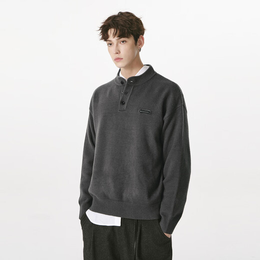 FORNINES relaxed henley collar pullover sweater for men and women in autumn and winter bottoming sweater loose lazy sweater dark gray S