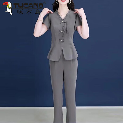 Pájaro carpintería (tucano) traje de gran tamaño de lujo de lujo nuevo estilo elegante y de moda oreja de madera camisa de manga corta pantalones casuales set de dos piezas 2xl