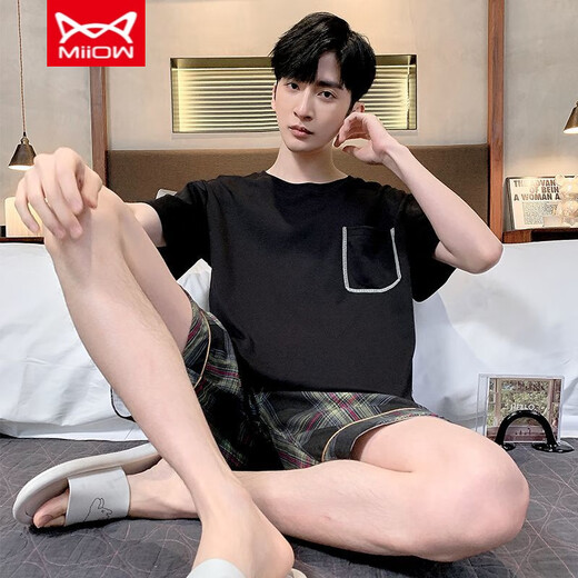 Catman MIIOW summer short-sleeved shorts men's pure cotton thin pajamas can be worn outside casual sports home clothing large size suit 9922 L