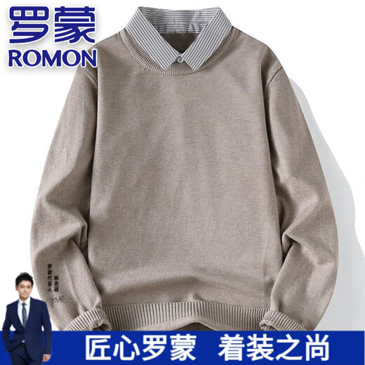 罗蒙（ROMON）高端假两件套头毛衣男士春秋款时尚休闲商务衬衫领打底上衣针织衫 黑色【假两件针织衫】 2XL