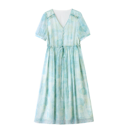 Aemape Mulberry Seide High-End-Temperament hoher Taille V-Ausschnitt gedruckter Rock für Frauen 2025 Sommer neuer Seiden mit mittlerer Länge gefälschter Stil Kleid Bild Farbe L 1105-115jin [Jin gleich 0,5 kg]