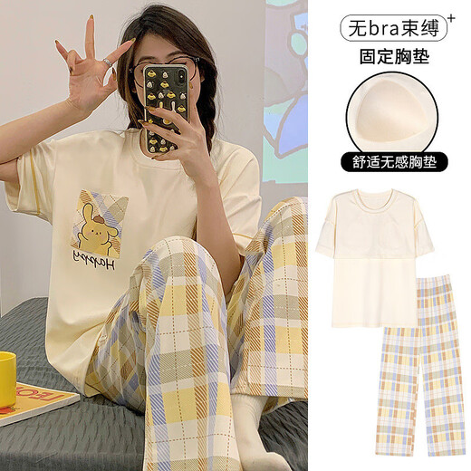 
MONTAGUT (MONTAGUT) pajamas with chest pad for women in summer short-sleeved trousers round neck 2025 new cartoon KT cat girl home clothing set JYR9207 M