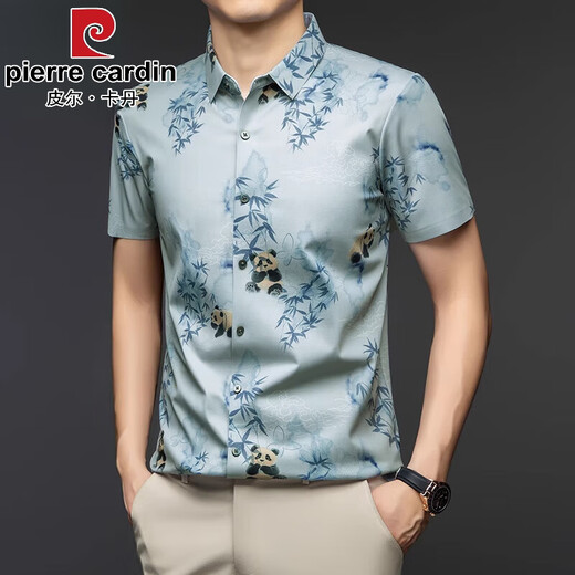 Pierre cardin short-sleeved printed shirt men's summer high-end light luxury middle-aged tops business casual Chinese style non-iron shirt GR/9926 blue short-sleeved shirt M 48 [Suggested 100-120Jin [Jin equals 0.5 kg]]