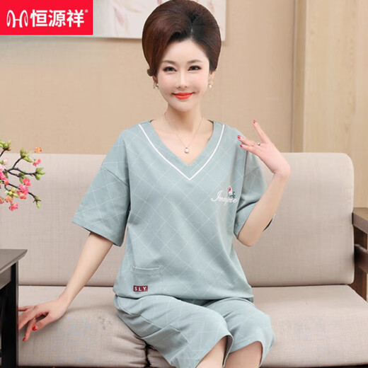 恒源祥睡衣女夏季纯棉短袖七分裤中老年妈妈夏天薄款可外穿家居服两件套 蓝色 纯棉-NXF9856 M 【建议80-100斤】