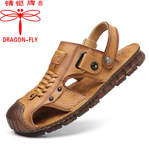 Dragonfly brand top layer cowhide bag sandals men's new leather summer beach shoes soft sole beef tendon sole dad sandals two wear 6908 brown 41