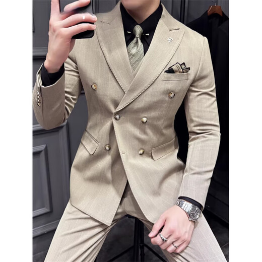 CEO Yageor 2025 Spring Plaid Bräutigamanzug Britischer Stil Doppelbruster Anzug Herrengeschäft Casual Grey Anzug + Weste + Hose Schwarzer Hemdkragen 5xl 60