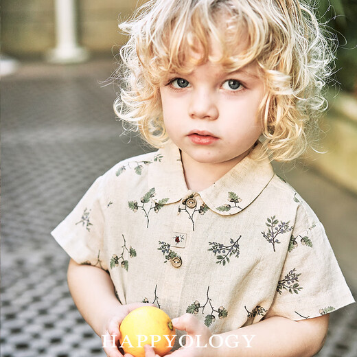 Happyology British children's new spring and summer boys' small lapel short-sleeved shirt girls' shirt shorts set Blueberry Pine Orchard-Blue and White (Shorts) 92 (92cm)