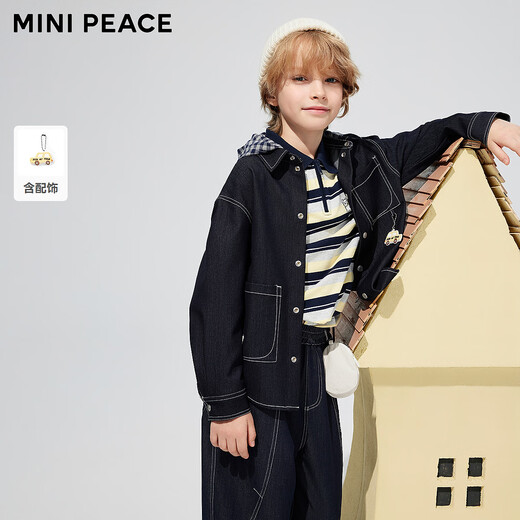 MiniPeace counter same style PEACEBIRD children's clothing boys' hooded jacket imitation denim shirt spring and autumn style denim dark blue 110