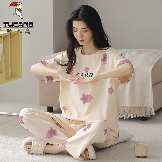TUCANO; Woodpecker Summer Women's Short Sleeve Pajamas Set Pure Cotton Full-length Pants Home Suit Spring and Autumn Thin Style You can wear it outside in spring and autumn Y9712 M (Suggested 75-95Jin [Jin equals 0.5 kg])