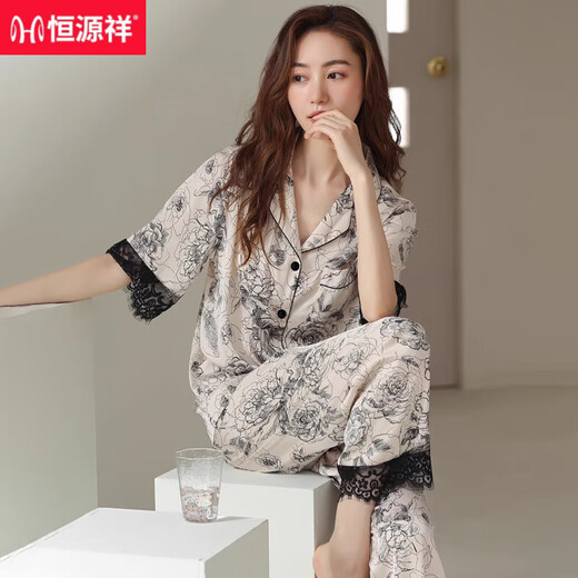 恒源祥新中式国风水墨画冰丝睡衣女夏季薄款高级感复古短袖丝l绸家居服 高质量-YFY9905【短袖长裤】 M 【建议80-100斤】