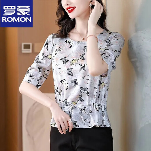 罗蒙（ROMON）重磅真丝衬衫女夏季新款洋气减龄显瘦遮肚印花短袖桑蚕丝小衫 花色 9855# M 90-105斤