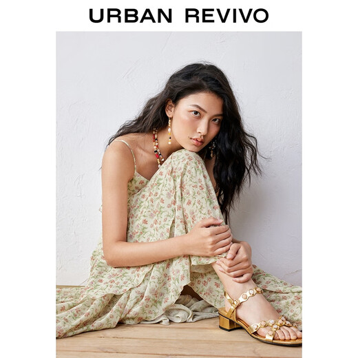UR [Zhong Chuxi co-branded model] 2025 autumn new women's vacation style floral dress UYL750113 beige print S