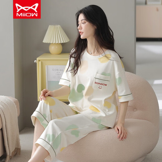 Catman Miiow Pure Cotton Pyjamas für Frauen Sommer kurzärmeligte Hosen Sportstil locker und lässig können außerhalb des Frühlings-Hausbekleidungsanzugs T-9856 (kurzer Anzug) M (80-Jin [Jin gleich 0,5 kg]) getragen werden)