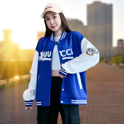 天籁之城 TLZC2022年秋季新款女士休闲宽松百搭上衣潮流棒球服短 蓝色 XL