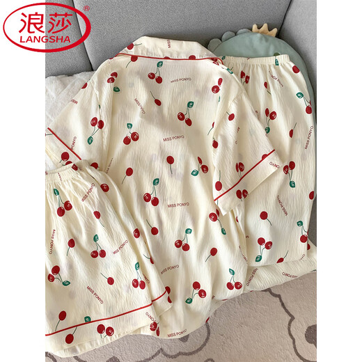 LangSha (LangSha) pure cotton gauze pajamas for women short-sleeved trousers summer three-piece set sweet cherry outerwear cardigan home clothes spring and autumn Yunduo Cotton-9905# black love three-piece set M Recommended 75-100Jin [Jin equals 0.5 kg]]