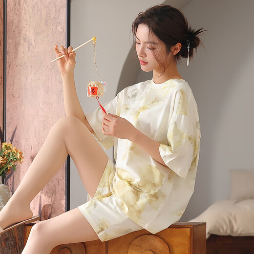Langsha Pyjamas für Frauen 2025 Sommer Super Soft Laisele Tiansi Baumwolle kurzärmelige Anzug lose und frische Heimkleidung 1289 m [Vorgeschlagen 85-105jin [Jin ist 0,5 kg]]
