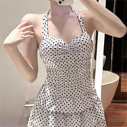 Bai Qixin swimsuit female one-piece retro polka dot backless pure desire hot spring conservative slim cover belly sexy 2026 new white polka dot swimsuit one size (recommended 70-120Jin Jin equals 0.5 kg)