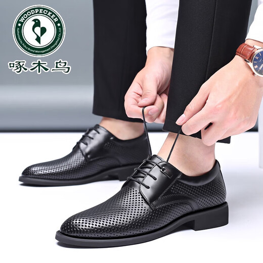 
Woodpecker head layer cowhide men's sandals summer genuine leather hollow leather shoes business casual height-enhancing British lace-up men's shoes 9928 black hollow sandals 44