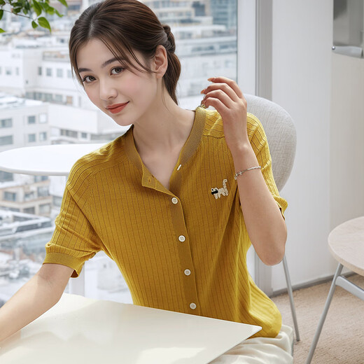 塔驰密司 TOUCH MISS【小猫贝贝】120s扬子纱坑条短袖针织开衫上衣短袖 姜黄色 S