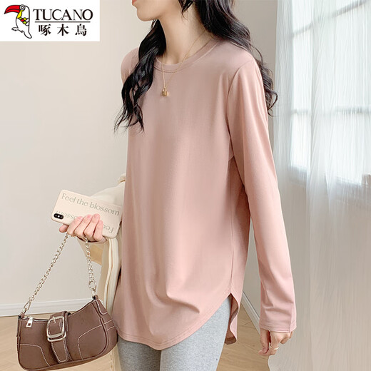 Woodpecker leather pink mid-length loose base shirt for women with fashionable new fashionable curved long-sleeved top Spring and autumn 653 meters white S