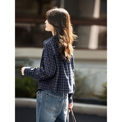 Awakening Paradise autumn retro temperament versatile layering soft plaid long-sleeved shirt navy plaid M