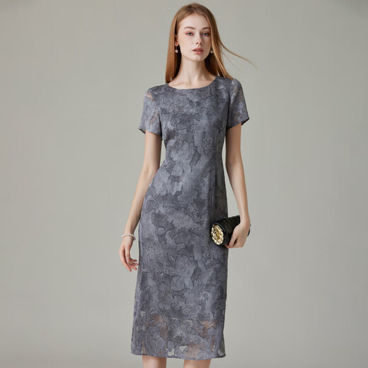 Classic Story (JANE STORY) 2025 new summer design chiffon dress women's high-end generous skirt French waist-hugging long skirt gray blue flower L
