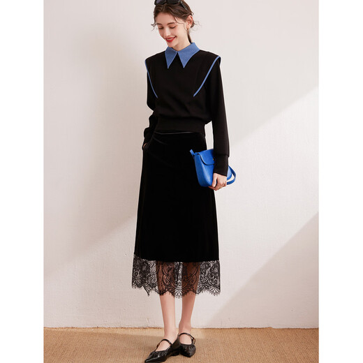 Bailuyu Contrast Color Splicing Fake Two-piece Sweatshirt Autumn New Fashion Pullover Small Flying Sleeves Top for Women Black XL