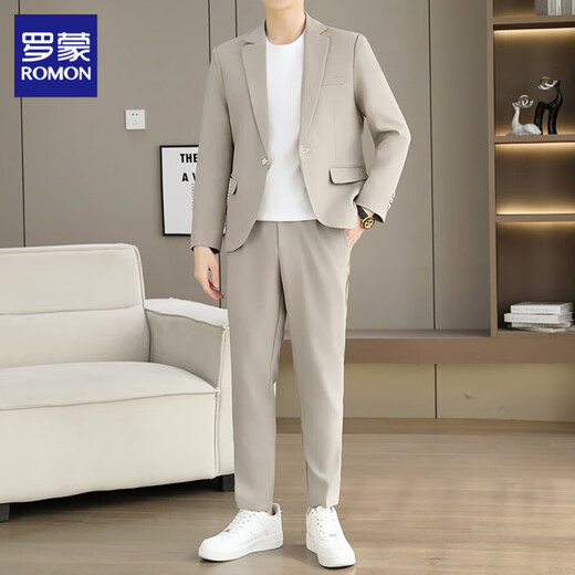 ROMON Suit Men's Three-quarter Sleeve Jacket Summer Slim Business Formal Casual Suit Men's 2506 Khaki Long Sleeve Suit XL