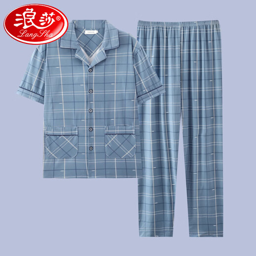 浪莎（langsha）2025年新款男士睡衣短袖纯棉套装夏季男款长裤青少年可外穿家居服 G3881蓝色-短袖长裤 XL 【建议120-140斤】