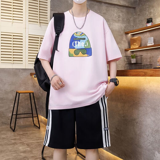 卡度顿青少年男孩短袖t恤夏季初高中学生休闲运动套装潮流帅气大童体恤 7027白色套装 M 建议80-100斤左右