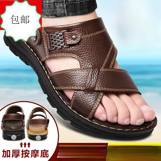 回力君凉鞋男真皮2025夏季新款男士凉拖男休闲两穿驾车沙滩鞋勃肯涉水鞋 罗马涉水朔溪鞋-9928棕色 40