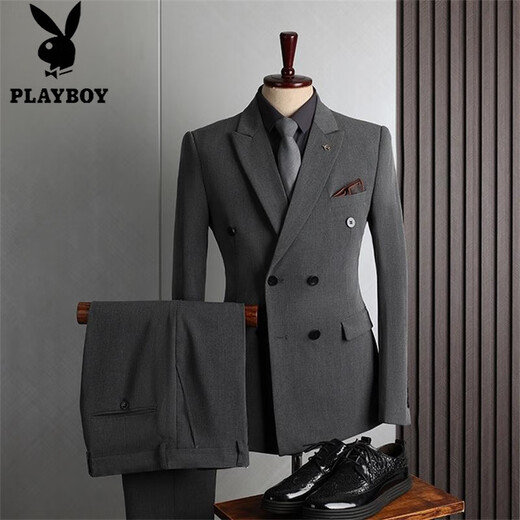 Playboy (PLAYBOY) high-quality suit men's British style double-breasted business casual suit three-piece groom's wedding dress medium gray (suit + pants) M 48