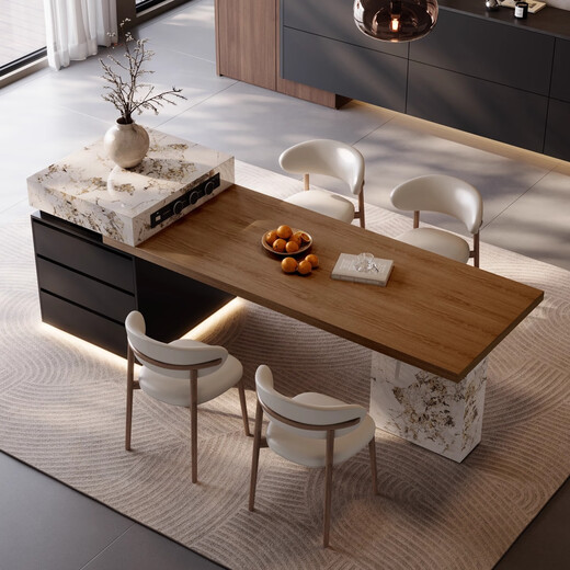 KSALOY Italian minimalist island dining table all-in-one home retractable slate small apartment restaurant high-end dining chair center guide table retractable island socket light strip + induction cooker 2.35m -2.7m slate island dining table