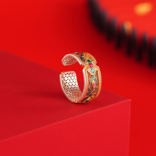 Yuansi pure silver 9999 enamel colorful phoenix feather gold ring for women sterling silver fortune hollow wishful ring new Chinese style gift enamel phoenix feather ring gift certificate/high-end gift opening adjustable