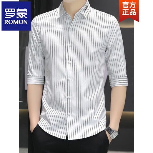 Romon Summer Ice Silk Quarter Sheveve Shirt Hommes à manches courtes à manches à manches décontractées Slim Men de chemise tendance à mi-manche 683 Black M Black M
