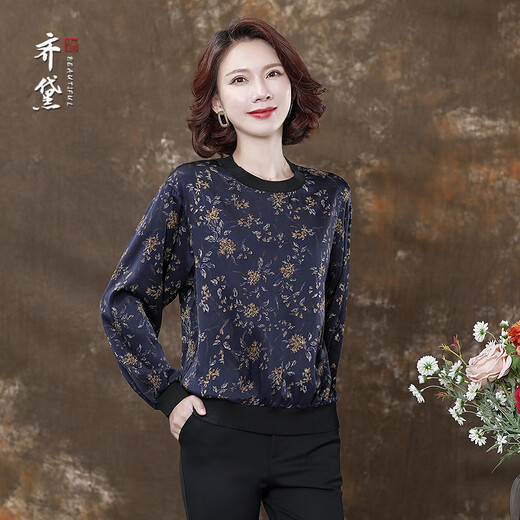 QUEDIT brand high-end silk long-sleeved T-shirt tops for women large size stretch satin printed mulberry silk high-end fashion middle-aged dark blue flowers XL recommended 120-130 Jin Jin equals 0.5 kg