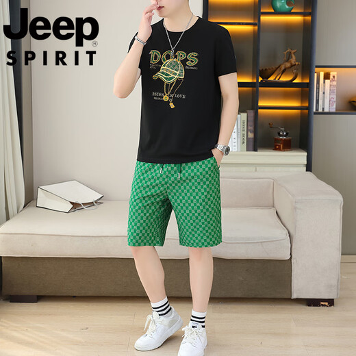 吉普（JEEP）短袖套装男夏季新款潮流休闲时尚男士圆领烫钻t恤休闲两件套 T9909黑色【短袖+短裤】 M 90-110斤
