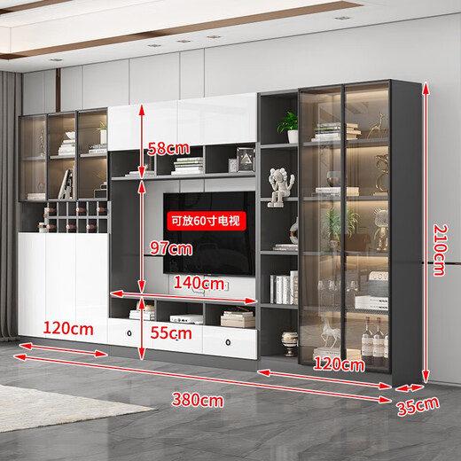 TV cabinet background wall cabinet integrated solid wood storage cabinet storage cabinet customized living room TV cabinet Jiangyuyuan style 14380*210*35cm door-to-door installation