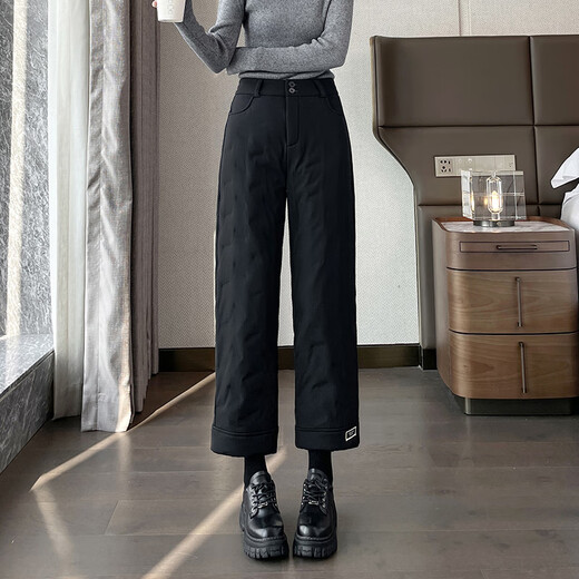 KOVLLIAEN Down Pants Women's Winter Fashion Straight Thickened Warm Plush Pants High Waist Coldproof Nine-Point Cotton Pants for Small People Black XL