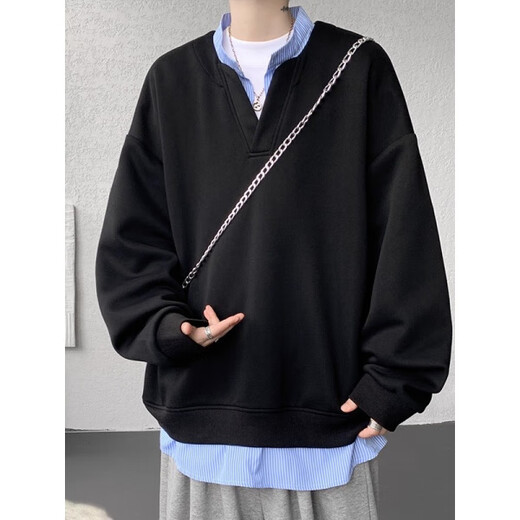 Quezhiyin autumn fake two-piece long-sleeved T-shirt for men 2025 new American fashion brand V-neck Henry collar bottoming shirt sweatshirt white L