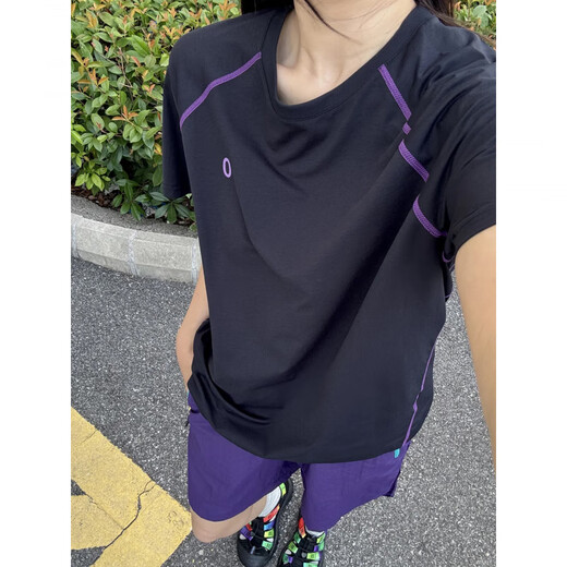 Nanbo Maru outdoor sunscreen badminton quick-drying dry clothes women's short-sleeved T-shirts for small people to wear mountain cycling clothes sportswear two-piece set black quick-drying_drying T-shirt + purple quick-drying_drying shorts M_100-115Jin Jin equals 0.5 kg