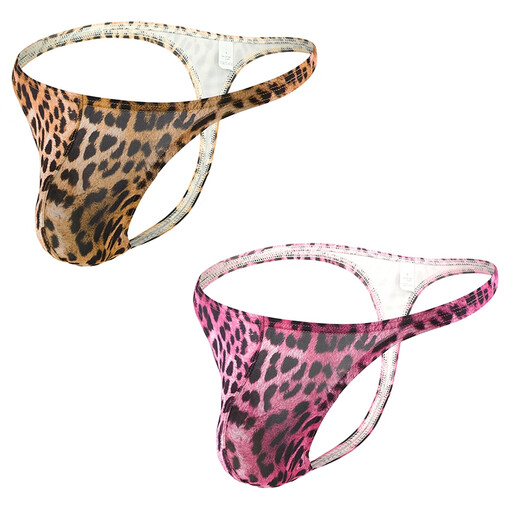 Gongzi Youpin 2 leopard print men's thongs, ice silk, low waist, sexy European and American thin straps, thin edges, string U convex T pants, gold + pink, XXL recommended 160-180 Jin Jin equals 0.5 kg