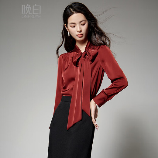 Late White New Product 2025 Autumn Style Chinese Red Lace Elegant Shirt Commuting Solid Color Light Mature Fashion Shirt Women Dark Red M
