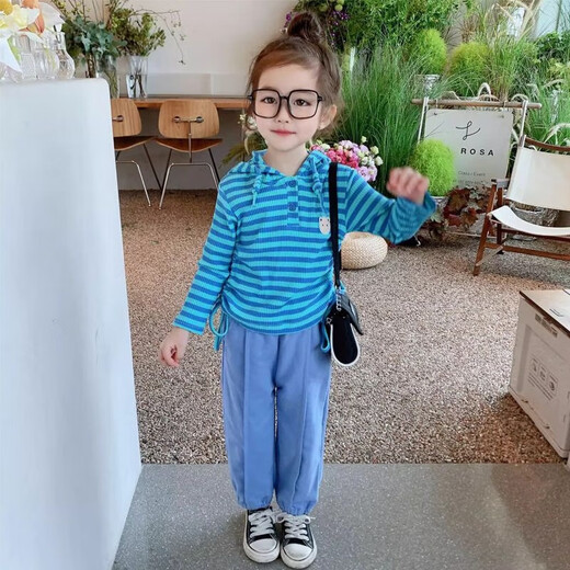 女小童套装秋装新款2025女宝宝韩版洋气连帽横条长袖卫衣休闲套装 TNZ-9928【蓝色】 90