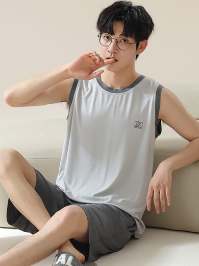 独孤伽罗大码背心冰丝睡衣男可外穿夏季短裤莫代尔新款休闲家居服两件套 D12027 L 均码