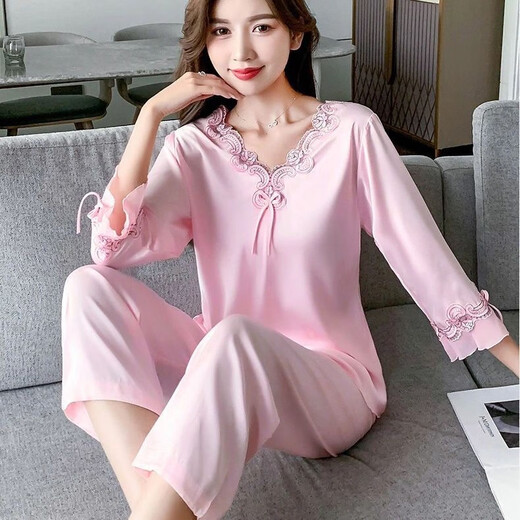 Ran Yilan Pyjamas für Frauen im Frühjahr und Herbst, langärmelte Ice Seide sexy neue Frauen zweiteilige Studentin Korean Cute Home Clothes Longleved 9856 Hell Pink Set 10xl M70-100jin [Jin gleich 0,5 kg]