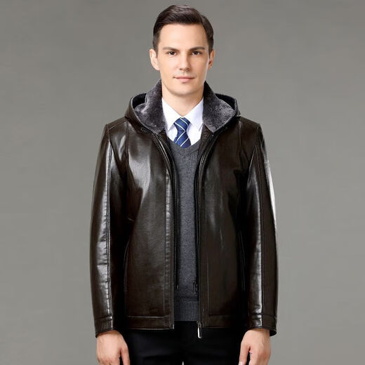 FEEKEKE international first-line luxury brand leather jacket men's sheepskin detachable hood lapel middle-aged thickened warm leather black one size fits all 175/92A