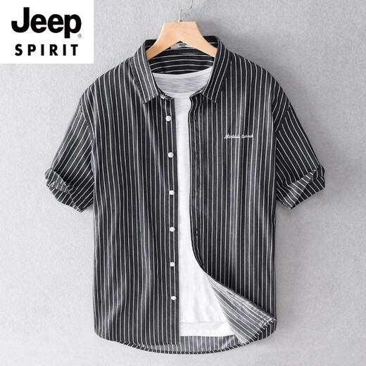 JEEP SPIRIT男士条纹衬衫短袖宽松夏季薄款日系休闲百搭棉衬衣夏装衣服 9721白色 M 斤左右