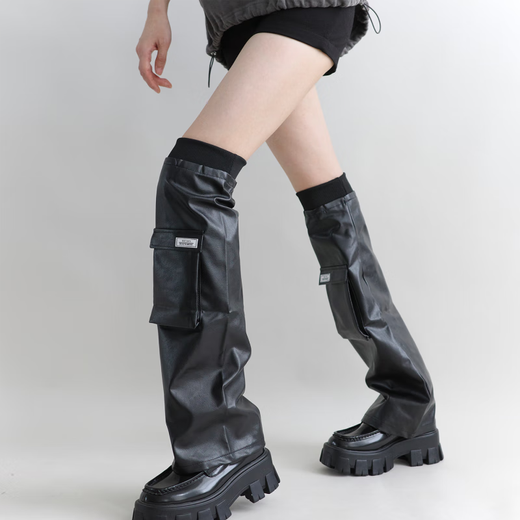Night Classroom Leather Socks for Women Dark Functional Style Sweet and Cool Leg Sleeves Black Pocket Design Black One Size