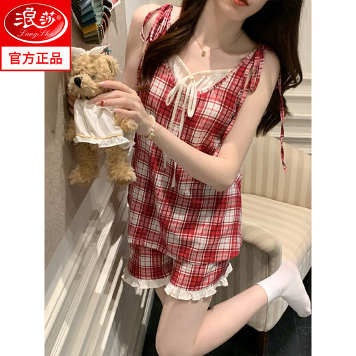 浪莎红色格子带胸垫吊带睡衣女生2025夏季新款韩系甜美家居服套装外穿 R838黑色樱桃带胸垫 M